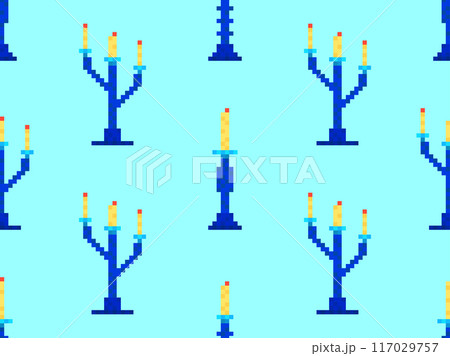Seamless pattern of pixel candlesticks. Candlestick with candles in 8-bit style. Candlestick with burning candles. Design for wallpapers, wrappers, covers and banners. Vector illustration 117029757