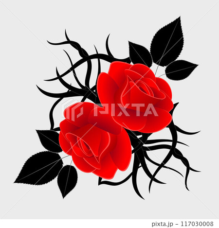 Red rose with black design elements is isolated on a gray background. Red rose with black design elements is isolated on a gray background. 117030008