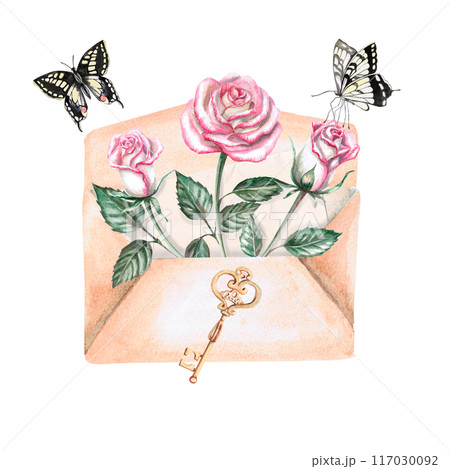 Composition of roses, enclosed in an envelope, butterflies and a key. Watercolor illustration on the theme of love for posters, wedding . The composition is isolated from the background. 117030092