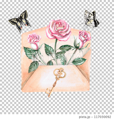 Composition of roses, enclosed in an envelope, butterflies and a key. Watercolor illustration on the theme of love for posters, wedding . The composition is isolated from the background. 117030092