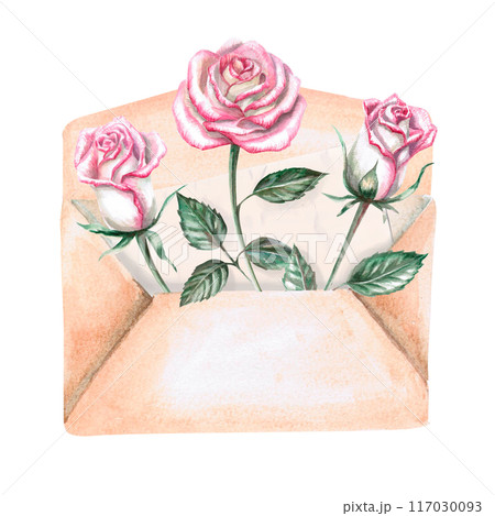 Three roses in a vintage envelope in watercolor. Illustration for greeting cards, congratulations, weddings, memorable dates. Illustration isolated from background. 117030093