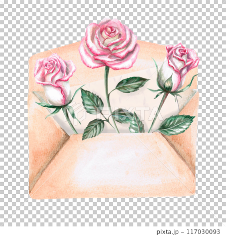 Three roses in a vintage envelope in watercolor. Illustration for greeting cards, congratulations, weddings, memorable dates. Illustration isolated from background. 117030093