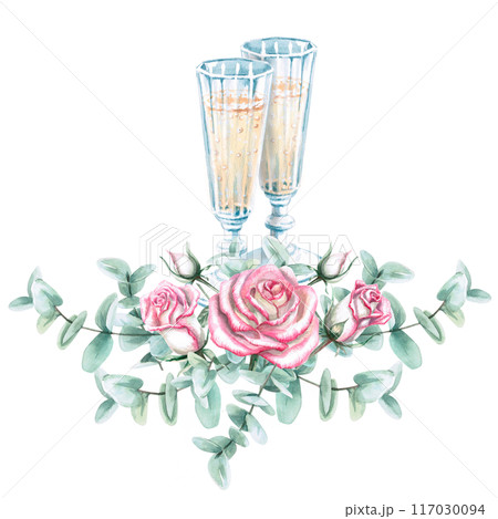 Two vintage glasses with champagne, bouquet of roses and eucalyptus in watercolor. Illustration for greeting cards, congratulations, weddings, memorable dates. Illustration isolated from background. 117030094