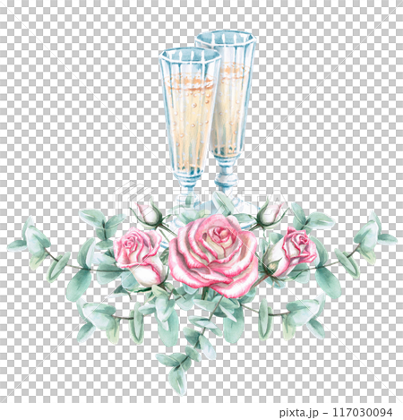 Two vintage glasses with champagne, bouquet of roses and eucalyptus in watercolor. Illustration for greeting cards, congratulations, weddings, memorable dates. Illustration isolated from background. 117030094