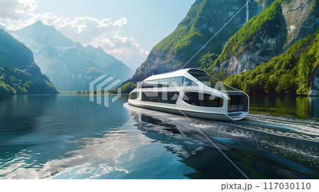 Transport, technology. Modern electric passenger ferry with panoramic windows cruises on a river Transport, technology. Modern electric passenger ferry with panoramic windows cruises on a river 117030110