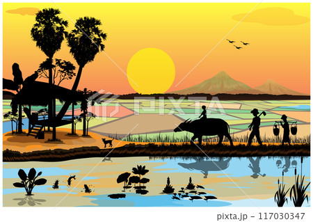 silhouette farmer go to paddy field vector design silhouette farmer go to paddy field vector design 117030347