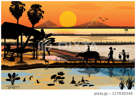 silhouette farmer go to paddy field vector design silhouette farmer go to paddy field vector design 117030348