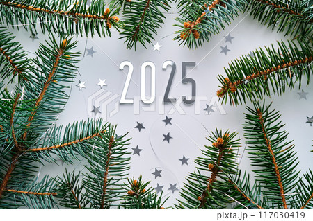 Abstract light Christmas background with stars and a Christmas tree with the year number 2025. Abstract light Christmas background with stars and a Christmas tree with the year number 2025. 117030419