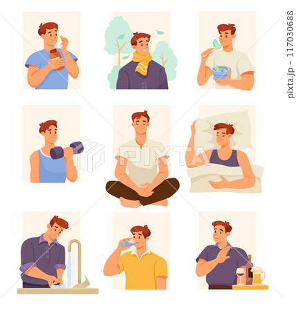 Man Character Supports Immunity Engaged in Healthy Lifestyle Vector Set Man Character Supports Immunity Engaged in Healthy Lifestyle Vector Set 117030688