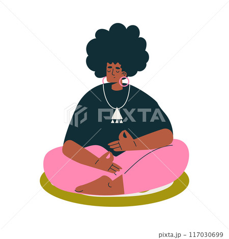 Meditation with African American Woman Character Sitting in Lotus Pose Vector Illustration Meditation with African American Woman Character Sitting in Lotus Pose Vector Illustration 117030699