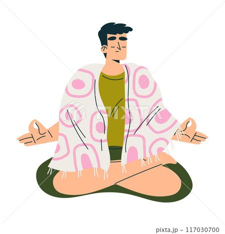 Meditation with Man Character Sitting in Lotus Pose Vector Illustration Meditation with Man Character Sitting in Lotus Pose Vector Illustration 117030700