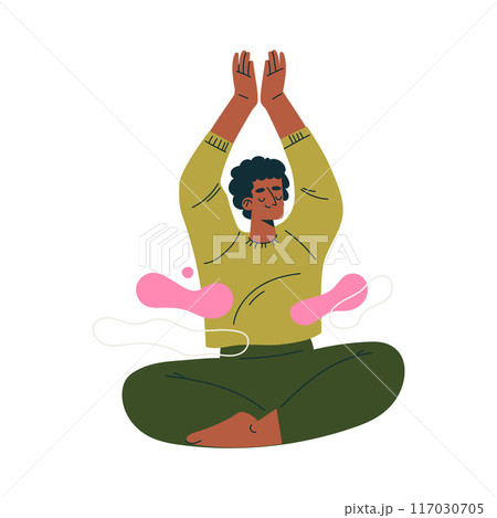Meditation with African American Man Character Sitting in Lotus Pose Vector Illustration 117030705