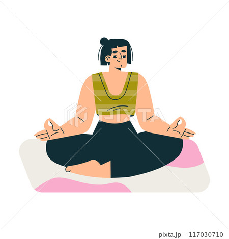 Meditation with Woman Character Sitting in Lotus Pose Vector Illustration 117030710