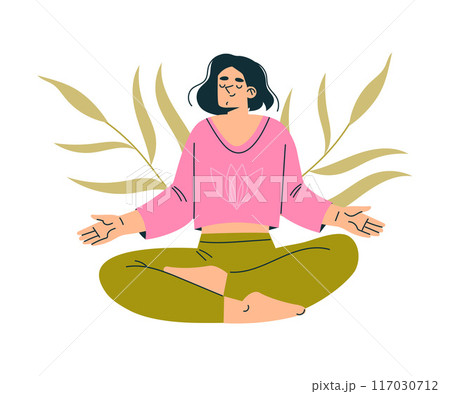 Meditation with Woman Character Sitting in Lotus Pose Vector Illustration 117030712