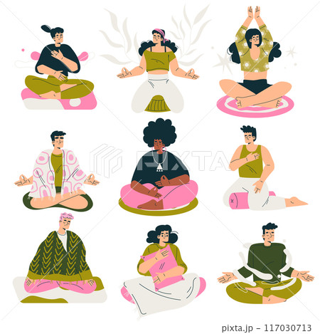 Meditation with People Character Sitting in Lotus Pose Vector Set Meditation with People Character Sitting in Lotus Pose Vector Set 117030713