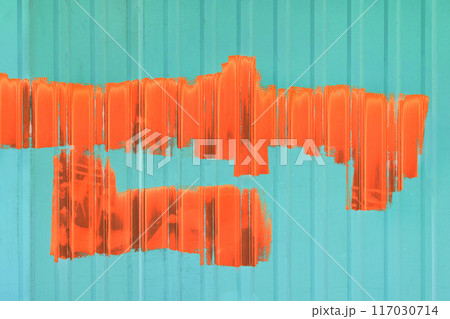 Orange paint brush strokes abstract wall design blank space for text empty aqua-blue background pattern metal fence Orange paint brush strokes abstract wall design blank space for text empty aqua-blue background pattern metal fence 117030714