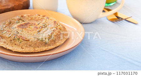 Closeup of homemade protein keto bread for breakfast 117031170
