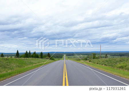 Scenic view from the highway with yellow solid lines in plains. 117031261