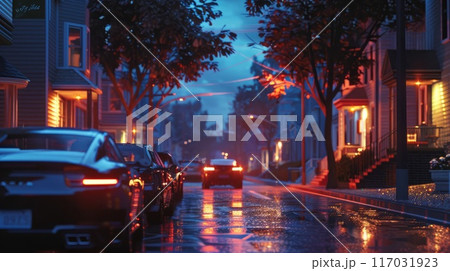 night city street with colorful neon lights, reflection in puddles and water night city street with colorful neon lights, reflection in puddles and water 117031923