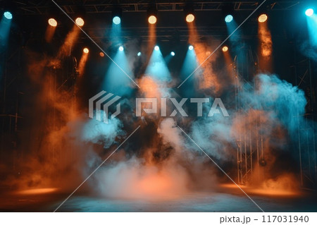 Illuminated foggy stage with scenic blue lights and smoke Illuminated foggy stage with scenic blue lights and smoke 117031940