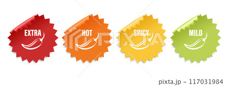Realistic Vector Round Stickers with Spicy Chili Pepper Icon, Food Spicy Level. Red, Orange, Yellow, Green Jalapeno Pepper Strength Scale Sticker Indicators with Mild, Spicy, Hot and Extra Positions 117031984