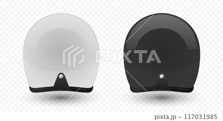 Vector 3d Realistic Blank White and Black Glossy Classic Vintage Open-Face Motorbike Helmet Design Template for Mockup. Rear View. Motorcycle Helmet Icon, Closeup, Isolated 117031985