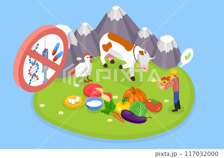 3D Isometric Flat Vector Illustration of Organic Farming, Products Without Antibiotics, Hormones, or GMO Ingredients 117032000