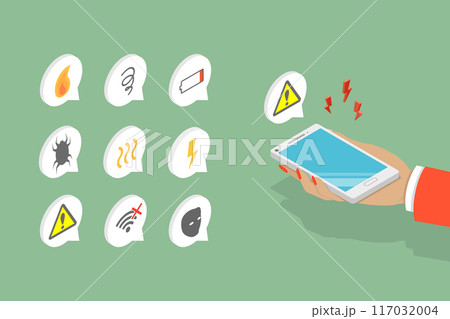 3D Isometric Flat Vector Illustration of Smartphone Trouble, Mobile Phone Troubleshooting 117032004