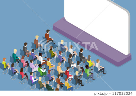 3D Isometric Flat Vector Illustration of Performance On Stage, Audience Seating in Movie Theater, Facing Blank Screen 117032024