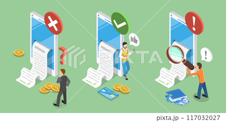 3D Isometric Flat Vector Illustration of Bank Payment Receipt, Success and Error Status Check 117032027