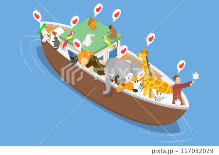 3D Isometric Flat Vector Illustration of Ark And Noah, Noah releases dove from ark in Genesis flood narrative scene. 117032029