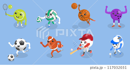 3D Isometric Flat Vector Set of Cartoon Sport Ball Mascot, Funny Cartoon Characters 3D Isometric Flat Vector Set of Cartoon Sport Ball Mascot, Funny Cartoon Characters 117032031