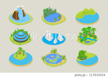 3D Isometric Flat Vector Set of Natural Water Landscape , River, Waterfall, Pond, and Fountain 3D Isometric Flat Vector Set of Natural Water Landscape , River, Waterfall, Pond, and Fountain 117032034
