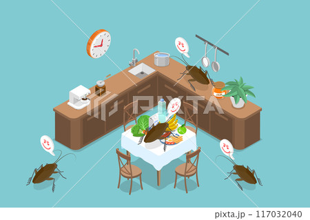 3D Isometric Flat Vector Illustration of Cockroach In Home Kitchen, Bugs Causing a Threat to Hygiene 117032040
