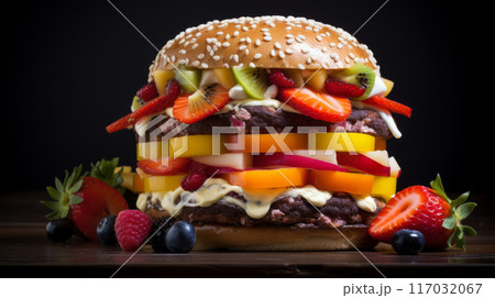 Exotic burger with fruit. Juicy burger topped with fresh fruit. 117032067