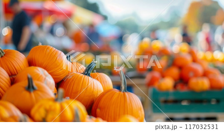 Vibrant Pumpkins Displayed at a Fall Harvest Market in October 117032531