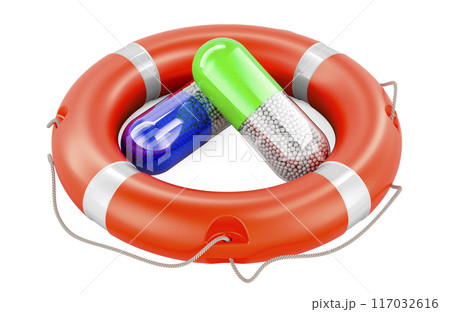 Medicament capsules inside lifebelt, 3D rendering 117032616