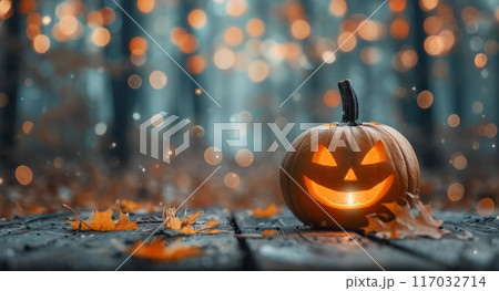 Spooky Jack-O'-Lantern on Wooden Table Surrounded by Autumn Leaves at Dusk 117032714