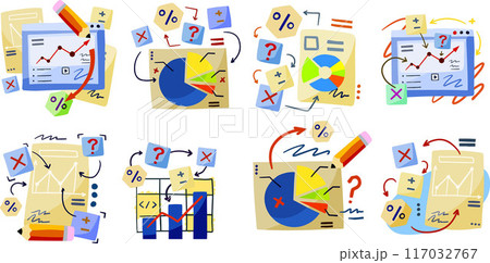 Business schedule. Drawing Documents and diagram. Funny infographic. Management and statistics. Cartoon Analytical concept 117032767