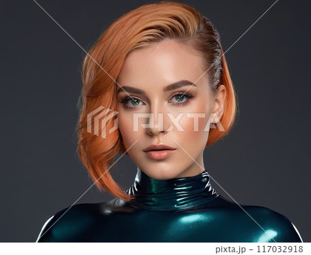A young woman with short blonde hair and green eyes. She is dressed in a shiny green suit and looks directly into the camera against a dark background, creating a portrait image with an emphasis on 117032918