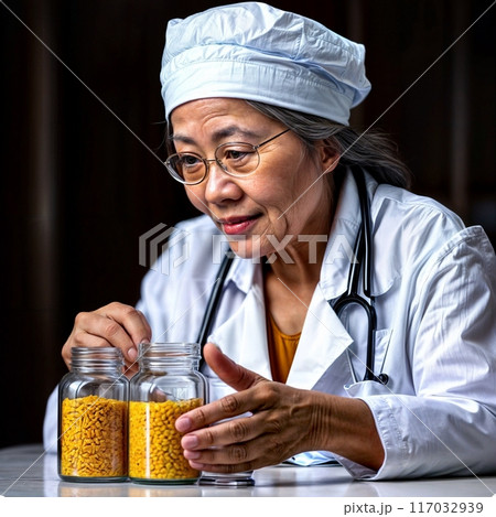 A female doctor examines jars of yellow powder on the table 117032939