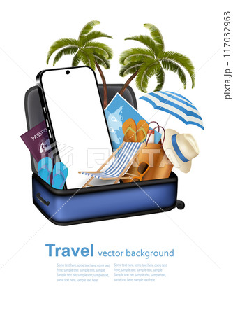 Tourist transport concept. Luggage, globe, smartphone and travel items. Banner design for travel advertising. Vector. Tourist transport concept. Luggage, globe, smartphone and travel items. Banner design for travel advertising. Vector. 117032963