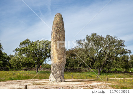 The Standing Stone, Menhir of Meada at Castelo de Vide, Portugal. The largest of the Iberian Peninsula. The Standing Stone, Menhir of Meada at Castelo de Vide, Portugal. The largest of the Iberian Peninsula. 117033091