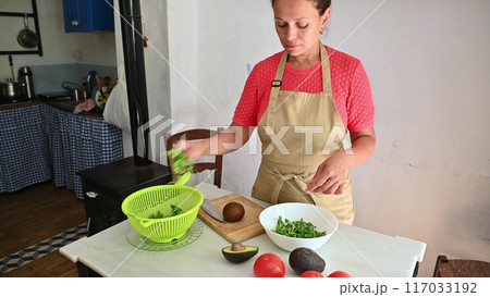 Housewife woman chef in kitchen apron cooking, preparing Italian meal in the home kitchen Housewife woman chef in kitchen apron cooking, preparing Italian meal in the home kitchen 117033192