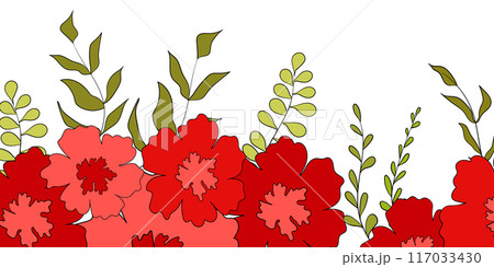Hello spring banners collection. Background with color leaves, flowers. Nature concept design. Modern floral compositions in trendy flat simple style. Vector illustration for poster, greeting card 117033430