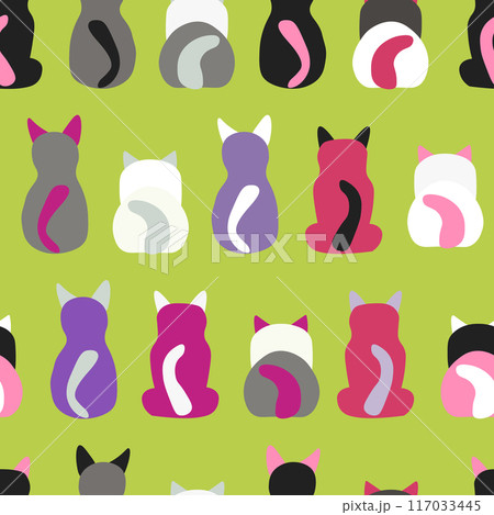 Seamless pattern with cute kitten print. Different scandy cats on color background. Scandinavian style illustration for kids. Vector illustration for fabric, textile, wallpaper, home clothing, pajama 117033445
