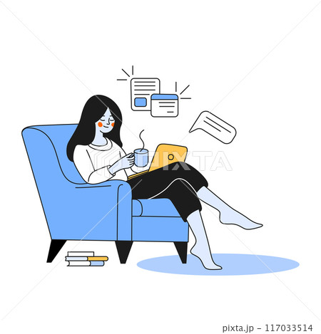 Girl sits in chair and looks at her laptop, in her hands she holds a cup with a drink, coffee. Woman is reading the news, sitting cross-legged, with books next to her. Vector illustration Girl sits in chair and looks at her laptop, in her hands she holds a cup with a drink, coffee. Woman is reading the news, sitting cross-legged, with books next to her. Vector illustration 117033514
