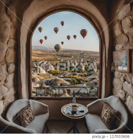 石造りの部屋から見るカッパドキアの風景 石造りの部屋から見るカッパドキアの風景 117033606