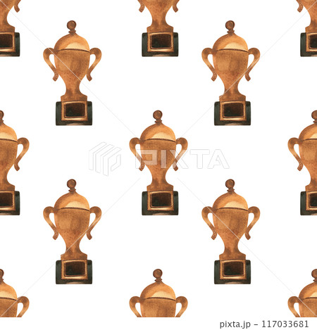 Competition winner prize: seamless pattern with sparkling cups and medals. Design of the award ceremony in watercolor. 117033681