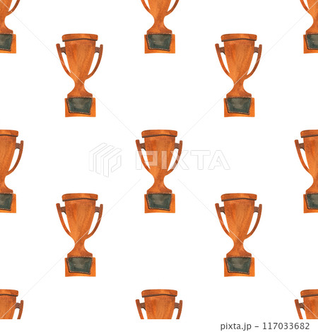 Competition winner prize: seamless pattern with sparkling cups and medals. Design of the award ceremony in watercolor. Competition winner prize: seamless pattern with sparkling cups and medals. Design of the award ceremony in watercolor. 117033682